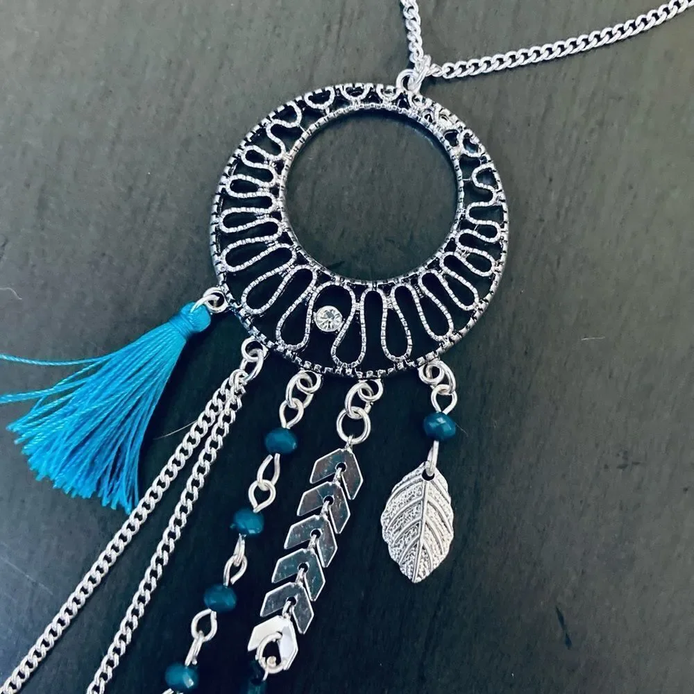 Silver Turquoise Blue Boho Feather Long Silver Necklace
